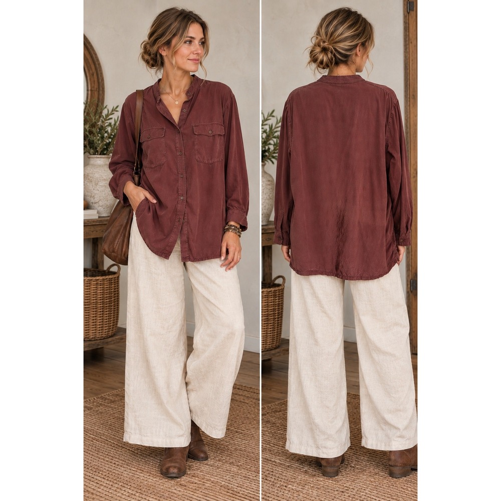 Christie & Jill 100% Silk Tunic Top Brown Mandarin Collar Long Sleeve Large